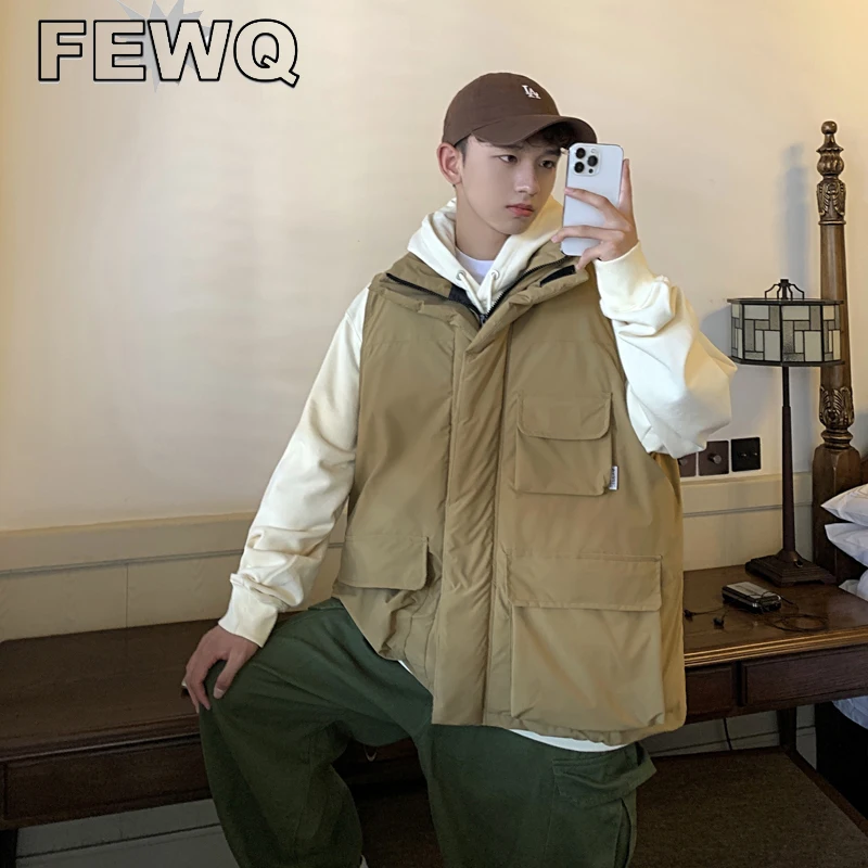 

Мужское зимнее пальто в стиле сафари FEWQ, однотонные жилеты с несколькими карманами, мужские куртки с отложным воротником, Модные Новые Топы ...