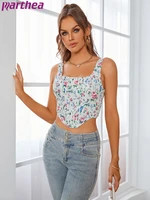 parthea y2k floral tank tops women splicing print back boned 2layer bodycon zipper chic crop top bustier sexy fashion tops 2022