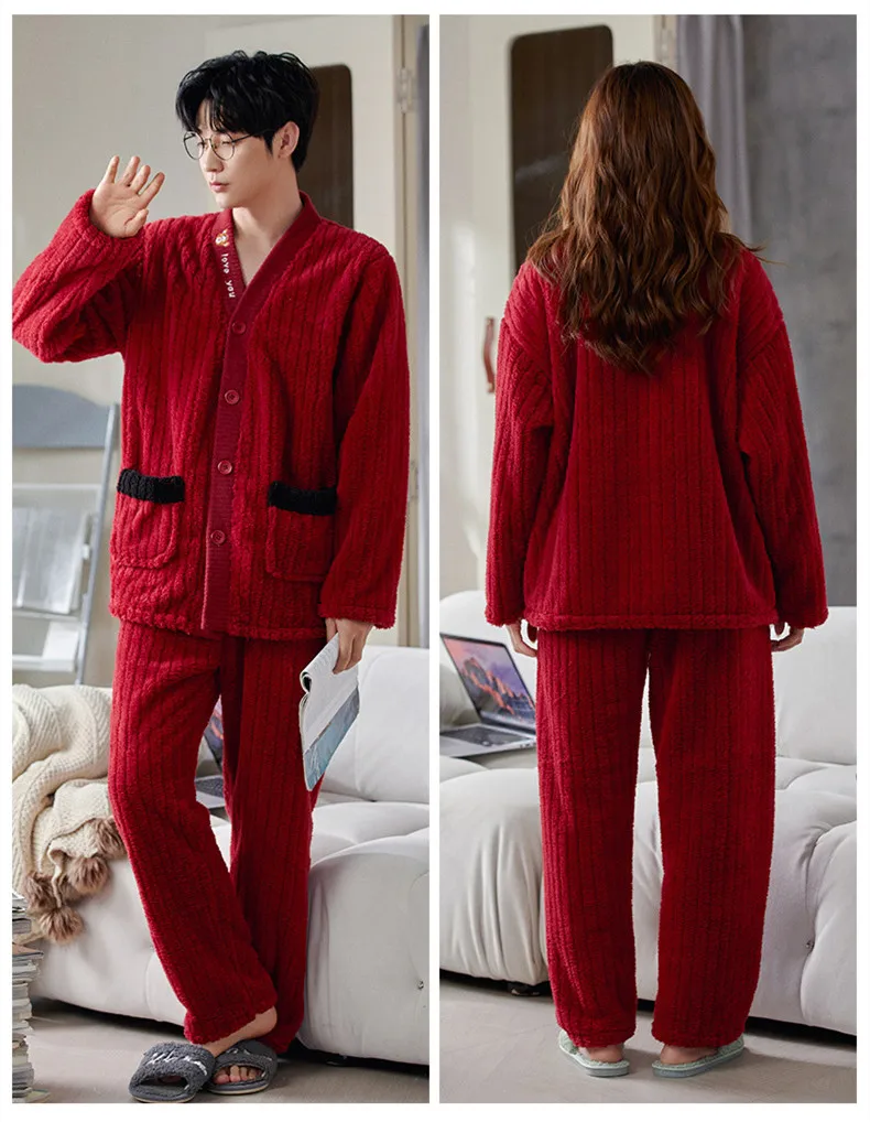 Yasuk Winter Fashion Women Men Casual Warm Soft Sleepwear Pajamas With Pant Velvet Fleecel Red Marry Couple Unisex Thick