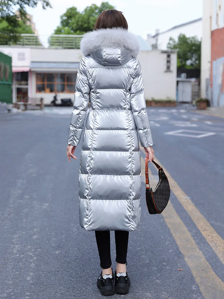 New Women Wash Free Glossy Surface Down Coat Fashion Hooded Real Fox Fur Collar Thicken Warm Down Jacket Loose Long Outerwear