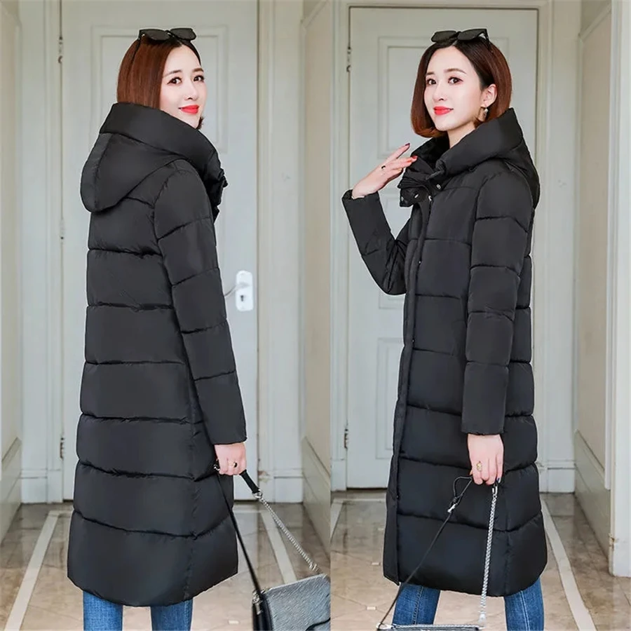 Oversized 4XL Winter Hooded Cotton Padded Long Coat Women Basic Solid Parka Warm Thick Outwear Snow Wear Overcoat Slim Sobretudo