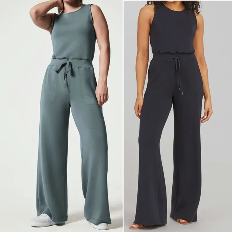 2023 New Summer Jumpsuits Women Solid Color Casual Sleeveless Lace-Up Jumpsuits Woman Streetwear Elastic Waist Wide Leg Jumpsuit