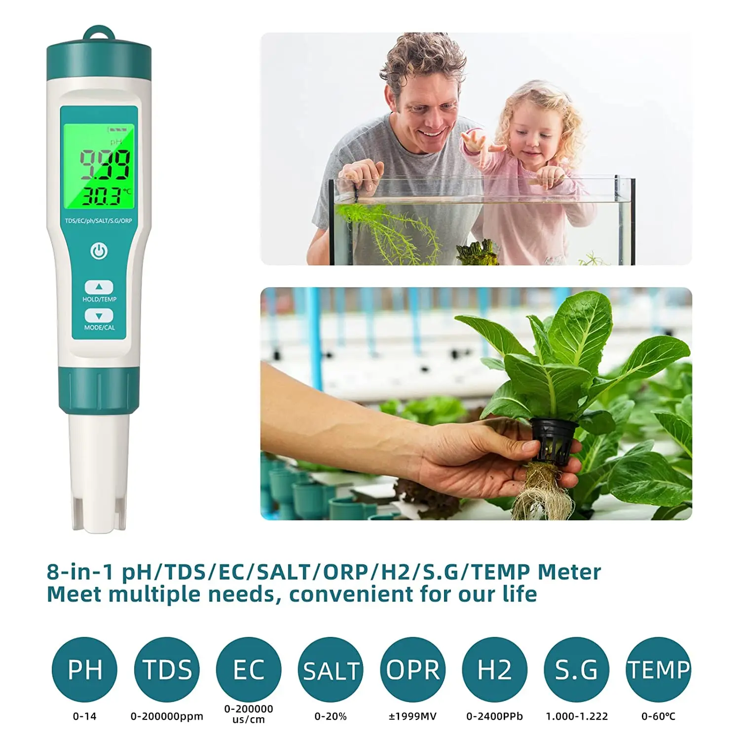 

Ph/ppm/ec/salinity/orp/h2/temp For Range Accuracy, 0-14, Tester Ideal 0.001 Digital 8-in-1 High With Water/pool/aquarium/wine