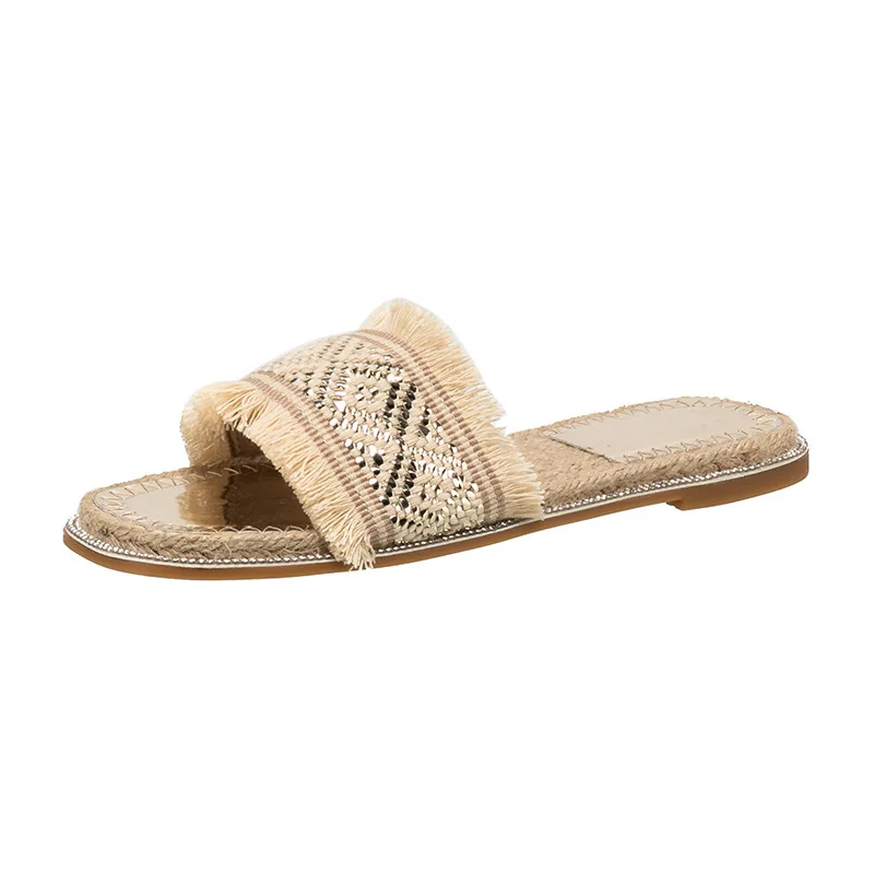 High-quality straw slippers women's summer fashion new summer outing flat sandals large size 41-43