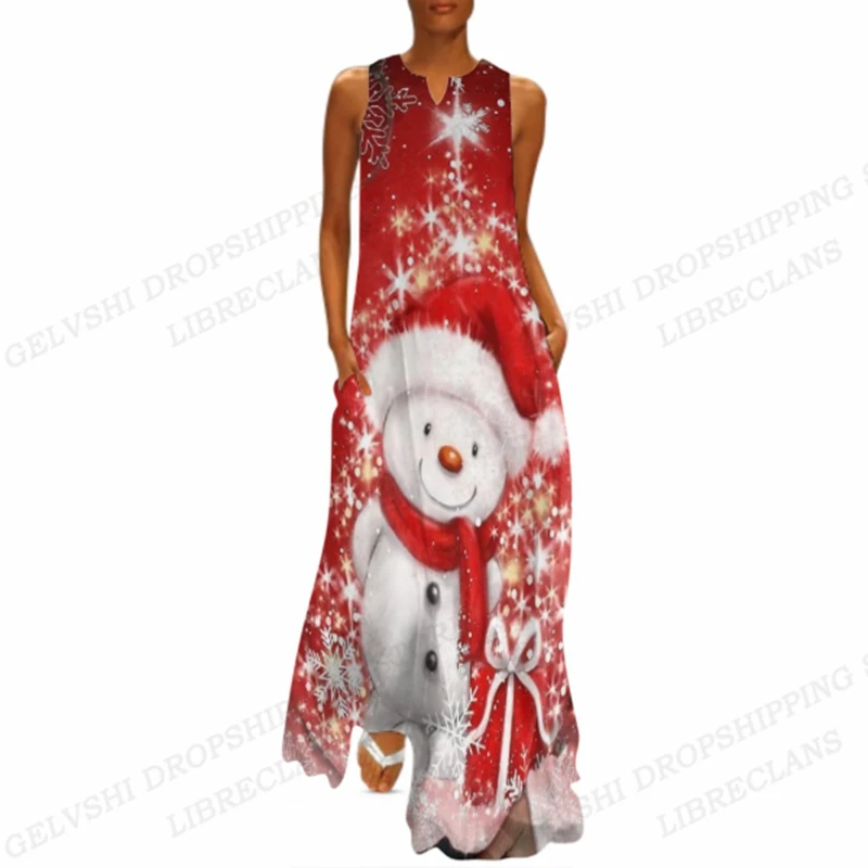 

Christmas Dress Women Fashion Party Evening Dresses Snowman Print Dress Long Robe Snowflake Reindeer Vestidos Maxi Luxury