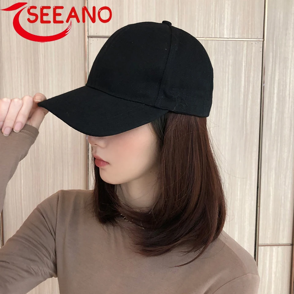 SEEANO Synthetic Hat Wig with Hair Wig Cap Ball Cap Wig Ladies Daily Party Natural Connection Heat Resistant Wig Hat Summer