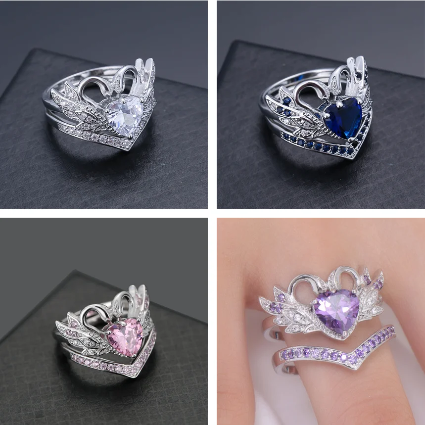 

Luxury Swan Pink Ring Shiny Heart Zircon Rings Women Romantic Couple Jewelry 2 Piece Combination Rings Valentine's Day Gift