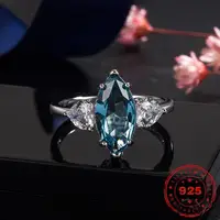 HOYON 14K white gold color marquise blue diamond crystal ring women topaz blue crystal heart shaped zircon ring free shopping