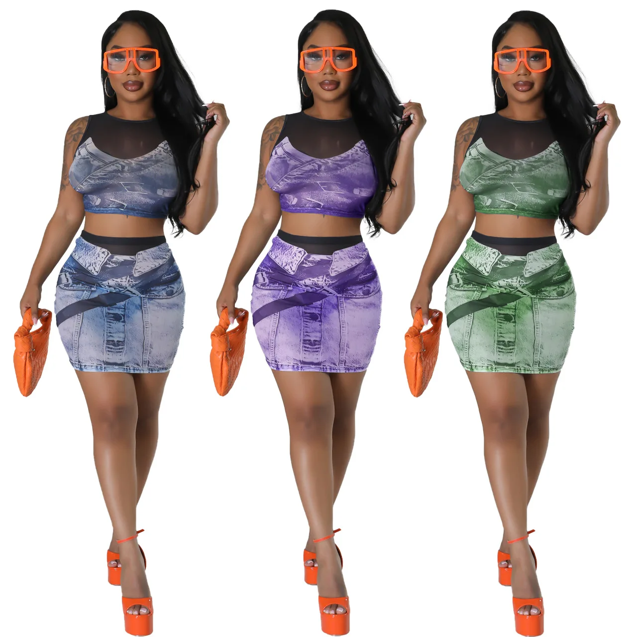 

Patchwork Mesh Women's Dress Sets Print Sleeveless Crop Top Vest Suit Summer High Waist Skinny Mini Dresses Baddie Two Piece Set