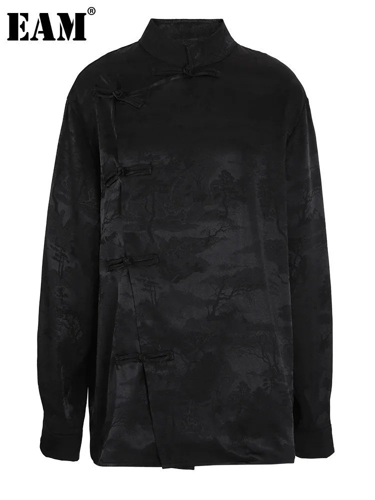 Женская винтажная жаккардовая блузка EAM черная рубашка большого размера с