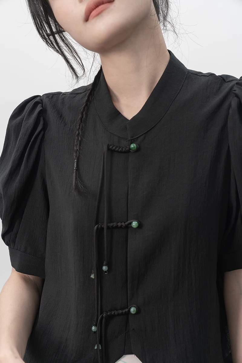 

GG0001 New Chinese style top women's buckle design sense of niche short sleeve shirt summer loose bubble sleeve short shirt