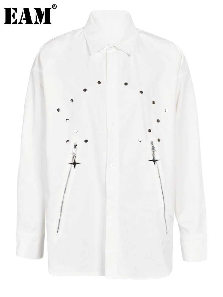 

[EAM] Women White Zipper Metal Big Size Casual Blouse New Lapel Long Sleeve Loose Fit Shirt Fashion Spring Autumn 2023 1DF9100