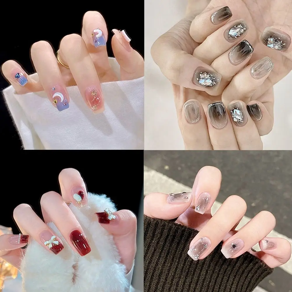 

24pcs Press on Nails Full Cover Moon Star Crystal Short French Fake Nails Square