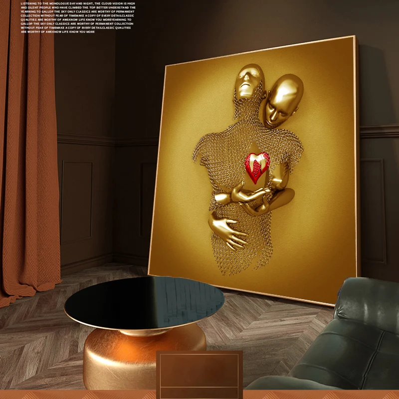 

Hot Figure Statue Canvas Painting Couples Metal Wall Art Red Heart Sculpture Poster Print Wall Picture for Livingroom Home Decor