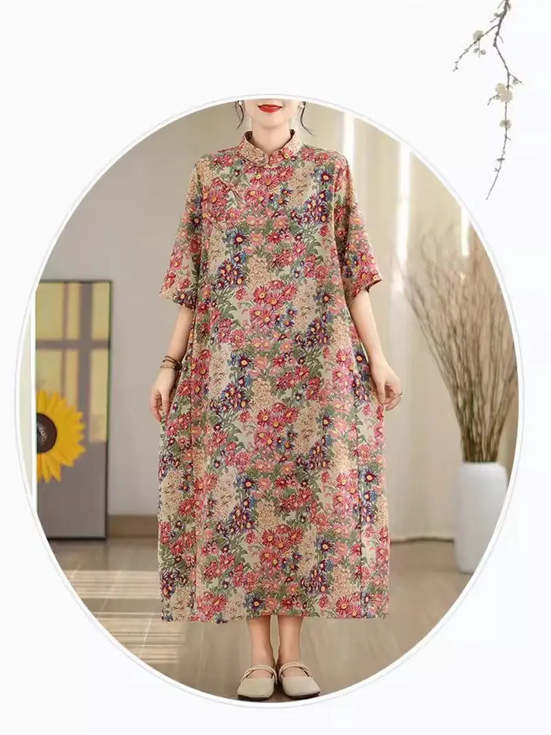 Женское платье с воротником-стойкой Длинное свободное в стиле ретро принтом на