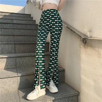 womens high waist slit pants spring summer casual rhombus micro falre pants lady chic color contrast long slim flare pants