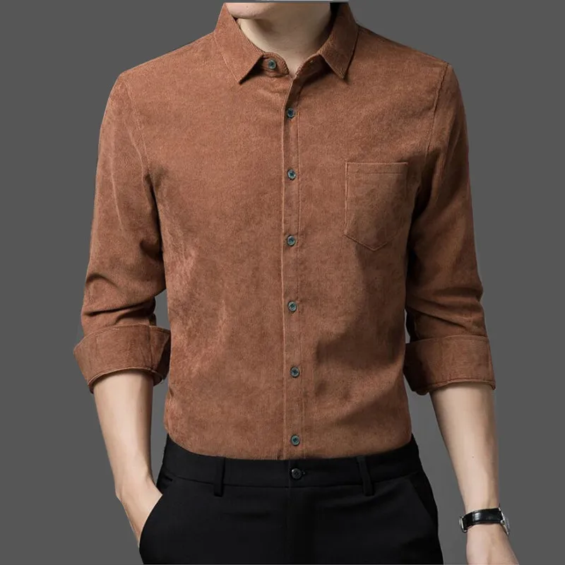 

Men's Long Sleeve Vintage 100% Cotton Corduroy Shirt Single Patch Pocket Standard-fit Button-down Collar Quality Casual Shirts