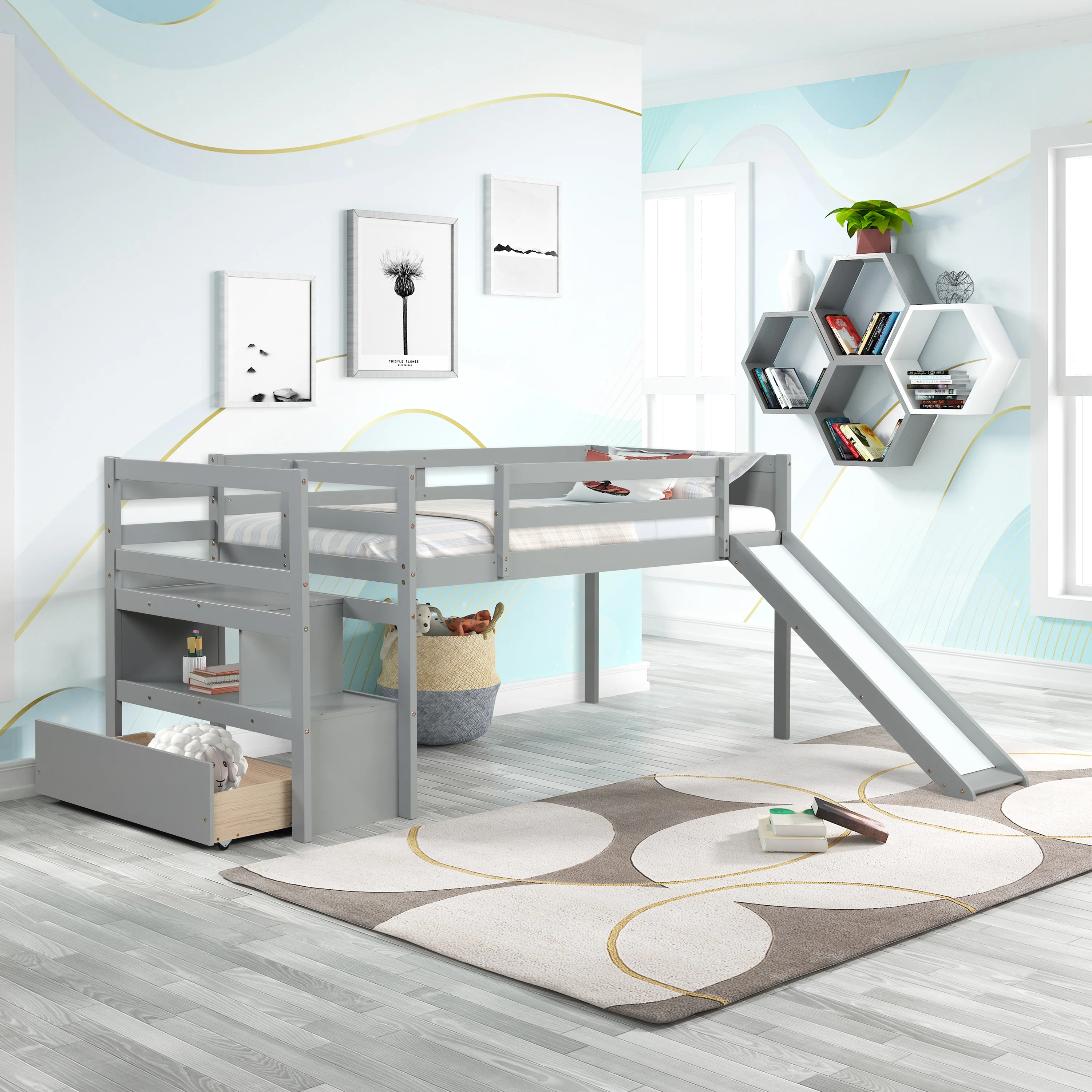 

Home Modern And Minimalist Wooden Furniture Bedroom Furniture Beds Frames Bases Twin Low Loft Bed With Stairs And Slide Gray