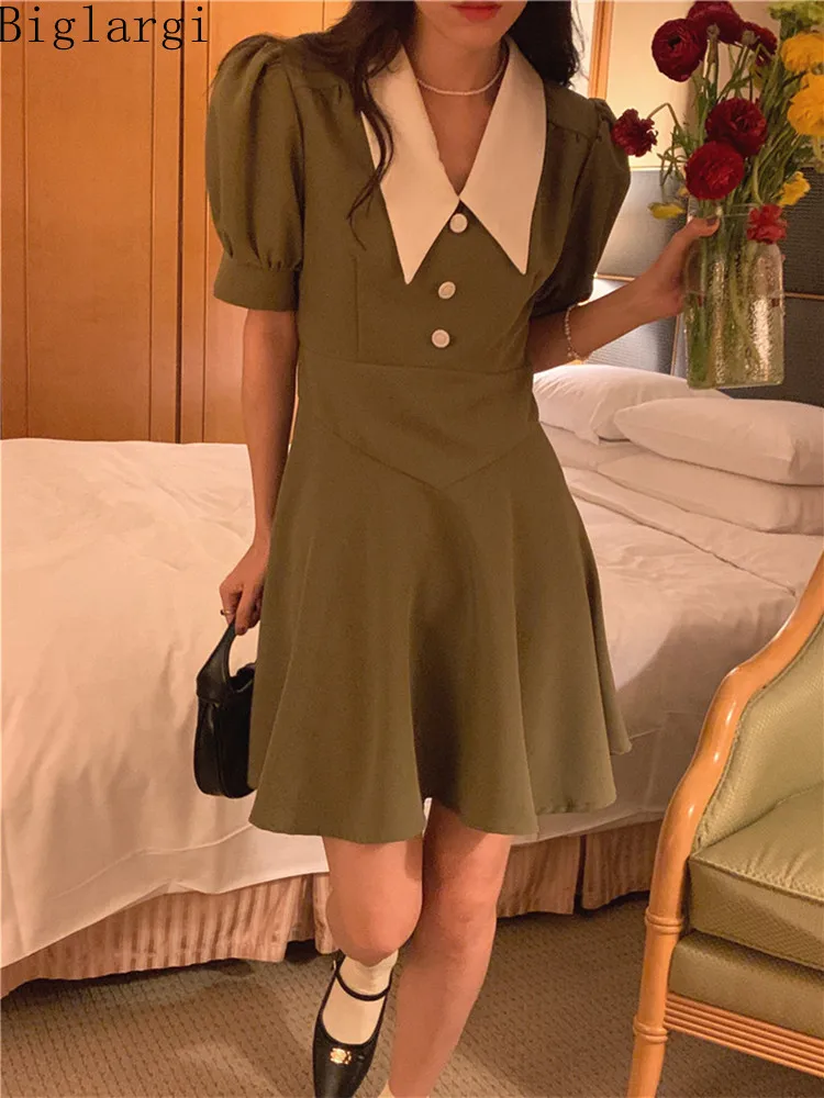 

Корейское шикарное платье с пузырьковым рукавом и вытягивающей талией, летние женские повседневные свободные элегантные платья, женское п...