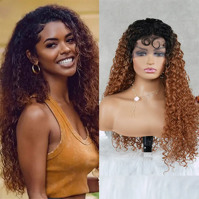 

Kinky Curly Synthetic Lace Wigs Dark Root Ombre Brown Honey Blonde T Part Lace Wigs for Black Women Baby Hair Heat Resistant Wig