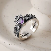 tulx gothic punk crown open adjustable rings for women love heart purple zircon female rings accessories vintage fashion jewelry