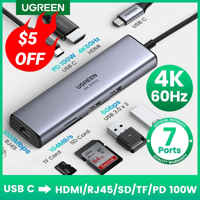 UGREEN USB C HUB 4K 60Hz Type C to HDMI 2.0 RJ45 PD 100W Adapter For Macbook Air Pro iPad Pro M2 M1 PC Accessories USB 3.0 HUB