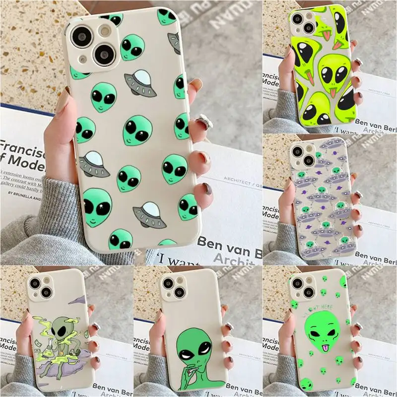 

Aesthetics Cartoon Alien Space Phone Case For Iphone 7 8 Plus X Xr Xs 11 12 13 Se2020 Mini 14 Pro Max White Case