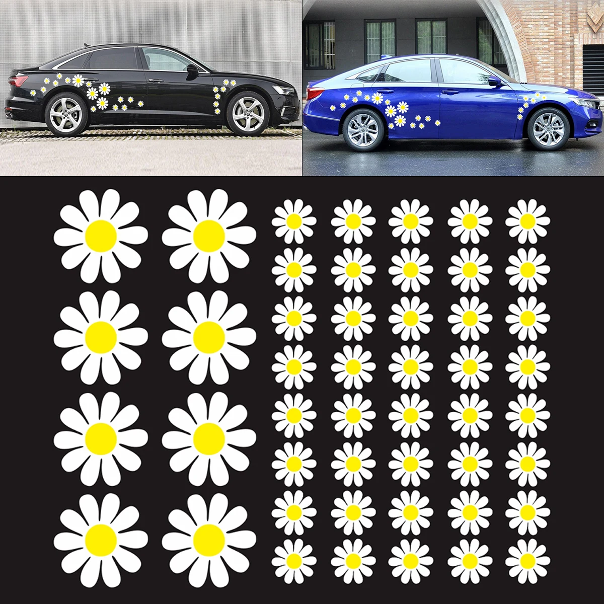 

48pcs/set PVC Daisy Flower Pattern Car Stickers and Decals Personality Car Motorcycle Body Bumper Hood Scratch Stickers