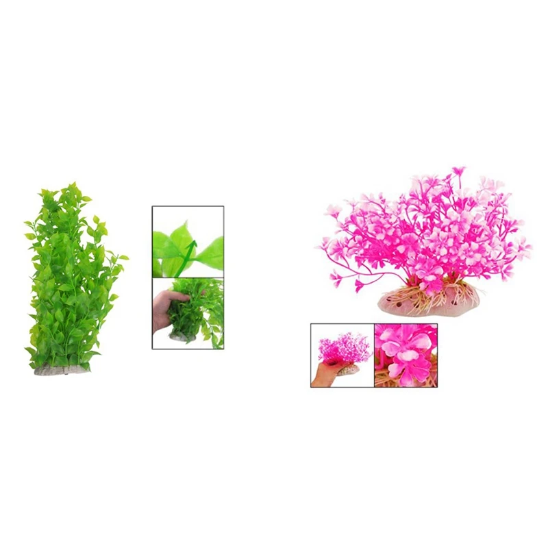 

2 шт. водные карликовые пластиковые растения с орнаментом, пластиковые листья, водные растения, зеленый и ярко-розовый-белый