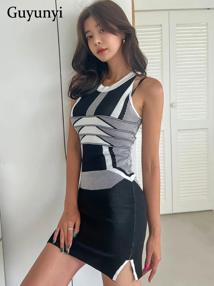 

High Street Knit Dress 2022 Summer Simple Geometric Patterns O-Neck Sleeveless High Waist Tight Stretch Dress Women