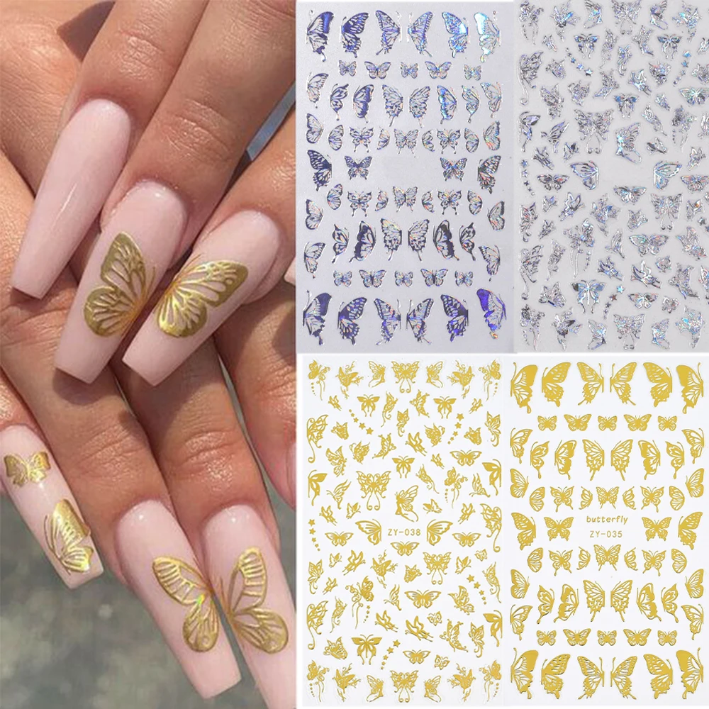 

1Sheet Hollow Butterfly Nail Sticker 12X7.5cm Gold/Silver Self-Adhesive Slider 3D Laser Butterfly Bronzing Decal Nail DIY Decor#