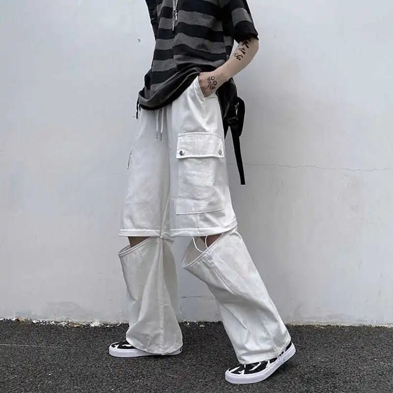 Retro personality detachable straight wide leg overalls men's and women's loose look slim casual pants