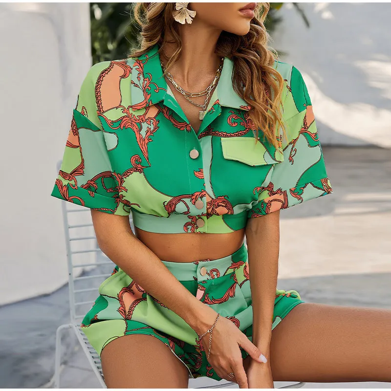 Summer Women's Short Sleeve Pajama Set 2 Pieces Set Ladies Sleepwear Crop Top And Shorts Print Buttons Piajama Suit For Female