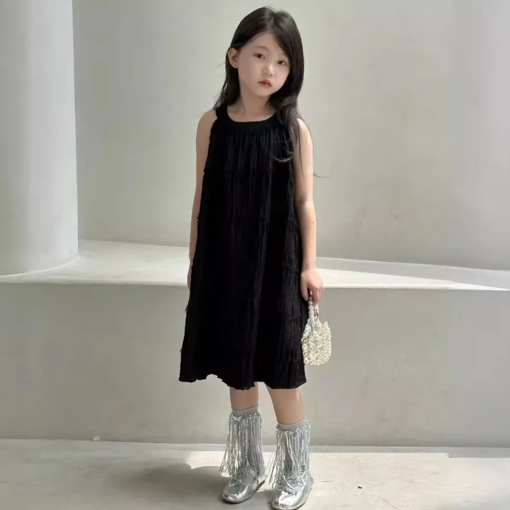 Платье для девочек корейский стиль Новинка лета 2024 однотонный черный топ с