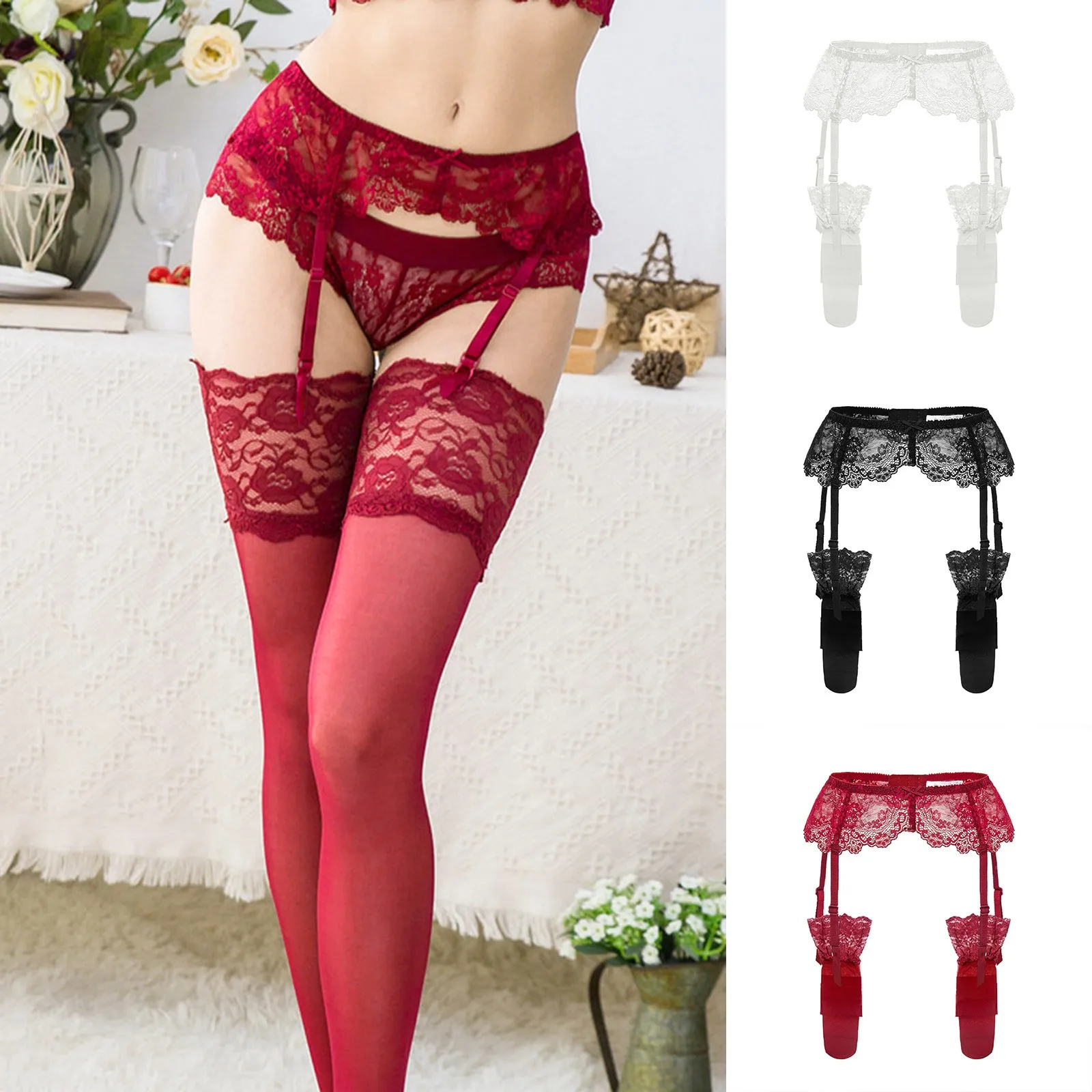 

Women's Sexy Lingerie Plus Size Lace Garter Suspender Transparent Underwear Adjustable Double Breasted Waist Belt With Stockings