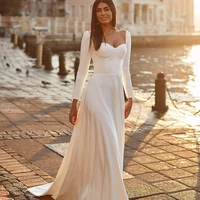 satin wedding dresses for bride with long sleeves 2022 simple sexy sweetheart neck a line bridal gowns zipper custom made