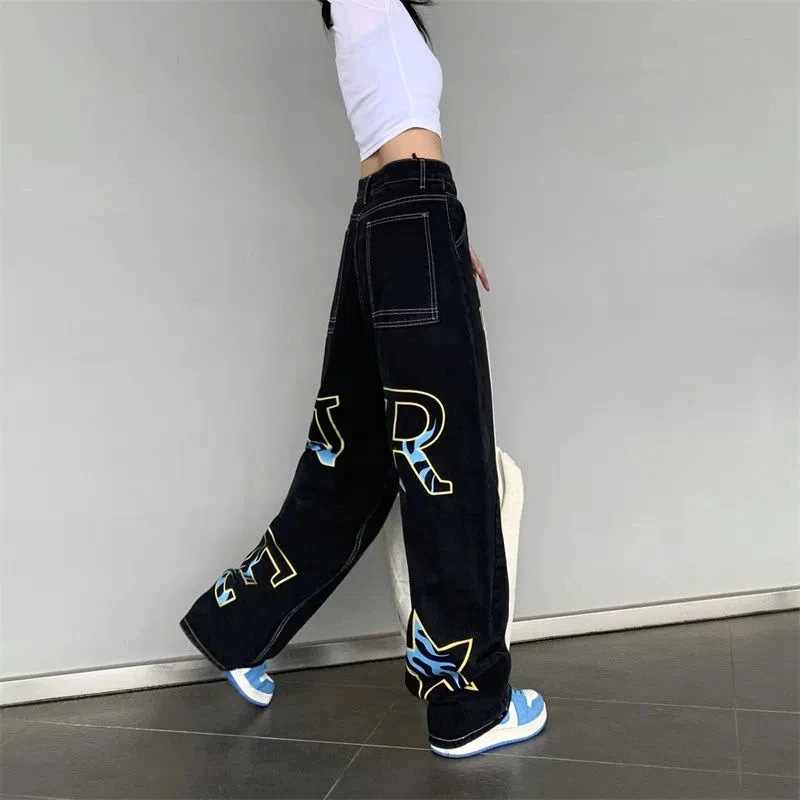New Y2k Retro Printing Alphabet Men'S Jeans Printing American Straight Casual Jeans Men And Women Hip-Hop Trend Loose Trousers