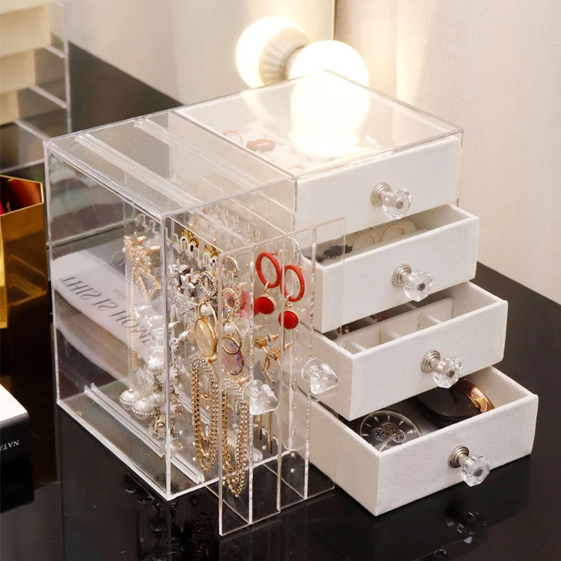 

Home Jewelry Necklace Storage Box Transparent Earrings Ring Desktop Beauty Case Dustproof Jewel Display Rack