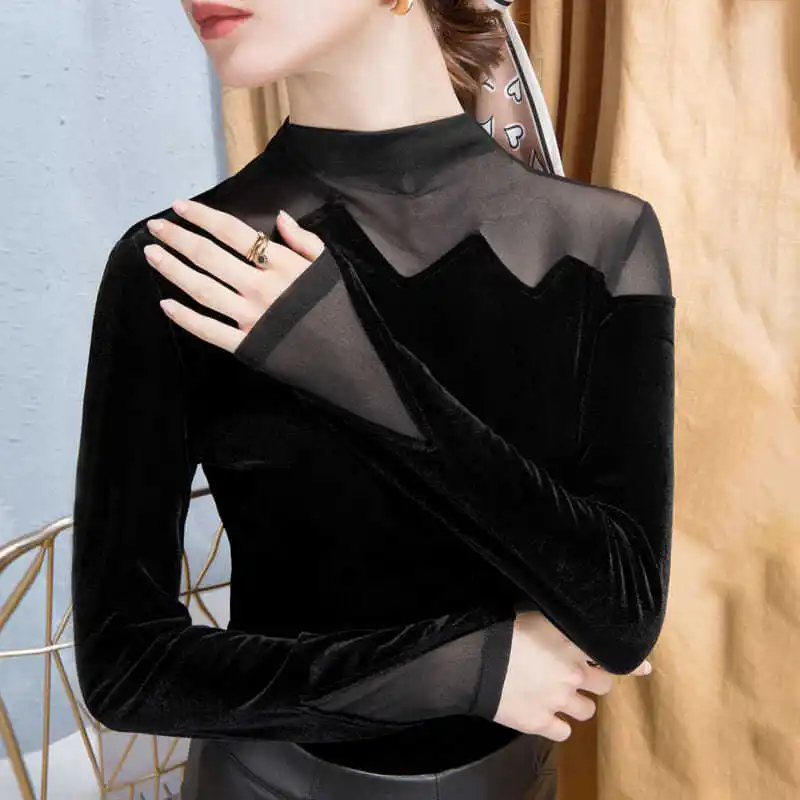 

Woman Hollow Black Shirt Autumn Female Patchwork High-neck Tops Ladies Long-sleeved Bottoming All-match Slim Beach T-shirt G241