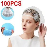 100pcs shower waterproof pe disposable shower caps hotel beauty salon hair dressing dyeing hair hat one off elastic bath caps