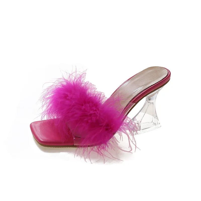 New Summer Fashion Fluffy Furry Women Slippers Female Gladiator Sandals Party Banquet Mules High Heels Slides Shoes High Heels
