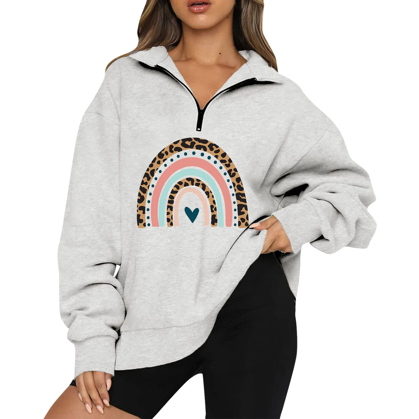 

Womens Rainbow Print Oversized Half Zip Pullover Long Sleeve Sweatshirt Quarter Zip Hoodie Sweater Teen Girls Fall Color Blouse