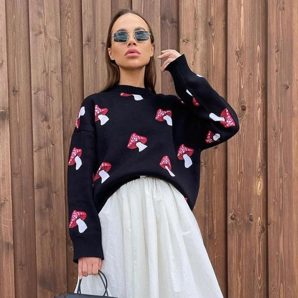 

Mushroom Graphic Round Neck Sweater Knitted Ladies Winter Korean Black Knitwear Pullover Casual Jumper Vintage Oversize Tops