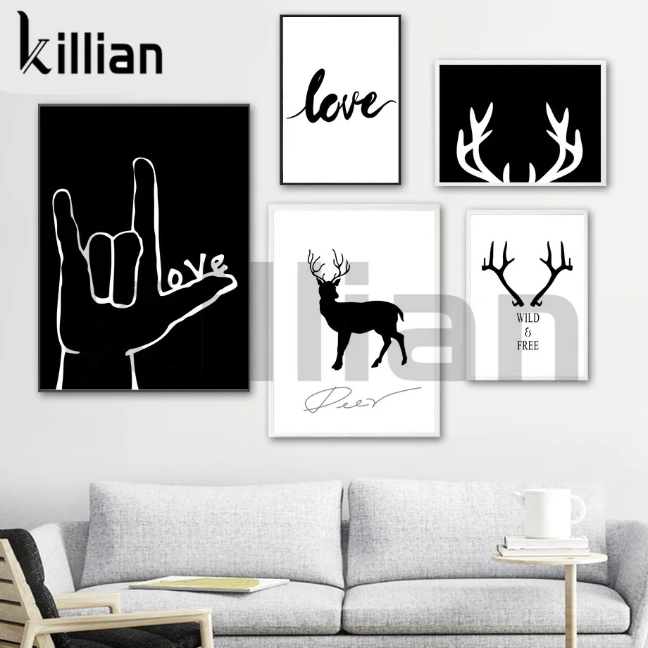 

Black White Deer Antlers Canvas Painting Funny Love Canvas Posters and Prints Wall Art Pictures for Living Room Home Decoration
