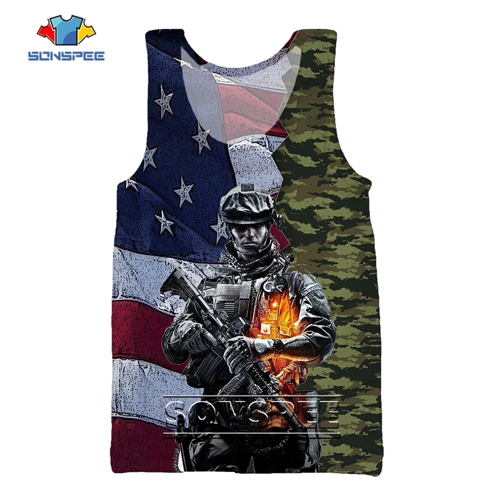 

SONSPEE Summer American Soldier 3D Printing Cool Vest Men Women's Oversize Camouflage Harajuku Streetwear Sports Breathable Tops