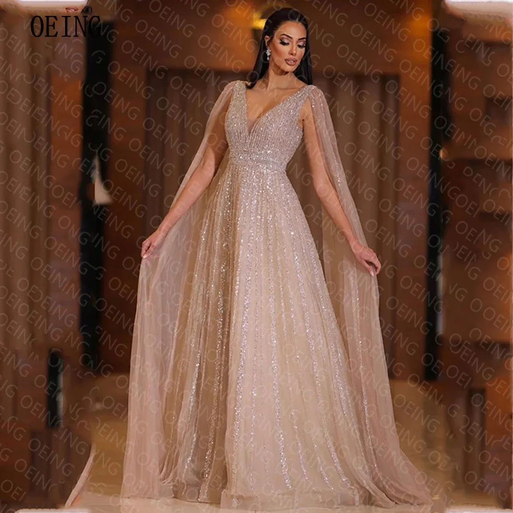 

OEING A-line Champagne V-neck Beadings Cape Sleeves Elegant Evening Party Dresses Floor length Formal Occasion Prom Gowns 2023