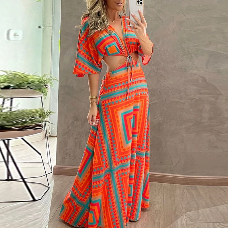 

Пляжное платье в стиле ретро в стиле бохо с принтом, модное сексуальное платье макси с геометрическим узором, женское летнее платье с глубоким V-образным вырезом и рукавом «летучая мышь»