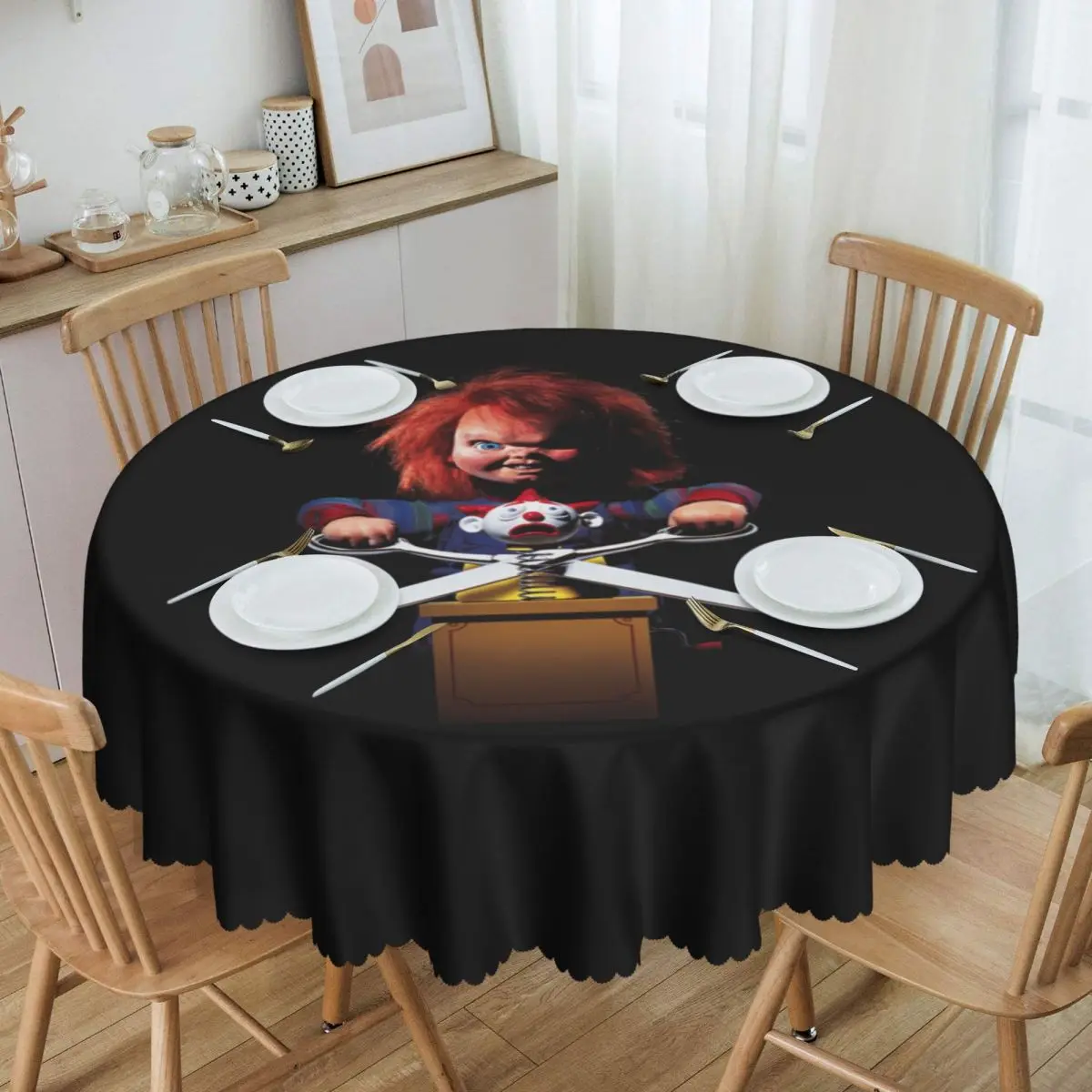 

Round Waterproof Horror Killer Chucky Table Cover Child's Play Movie Tablecloth for Dining 60 inch Table Cloth