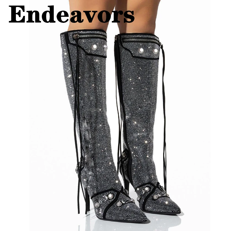 

Side Zipper Rivet Pin Buckle Rhinestone Autumn Winter Newest Pointed Toe Super High Heel Large Size Knee High Fashion Boots