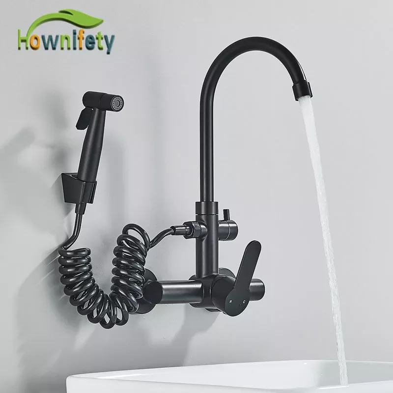 

Black Wall Mount Kitchen Faucet 304 Stainless Steel Hot Cold Bathroom Mixer Crane Tap Rotation with Bidet ​Faucet Dual Holes